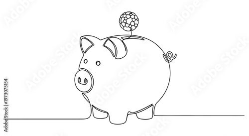 Single line drawing of a piggy bank with a soccer ball