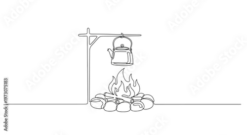 A minimalist drawing of a campfire with a kettle hanging above it
