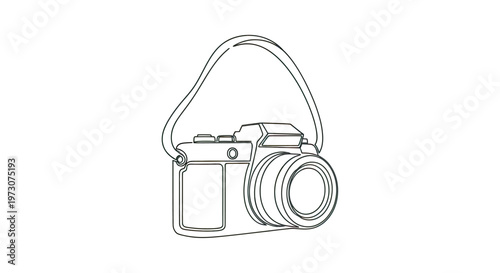 Minimalist line drawing of a vintage camera with a strap, on a white background