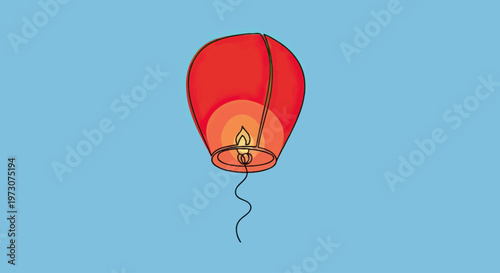 A bright red lantern with a flame inside floats against a soft blue background