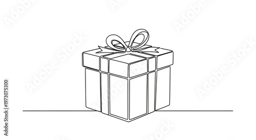 A simple line drawing of a gift box with a bow on a white background
