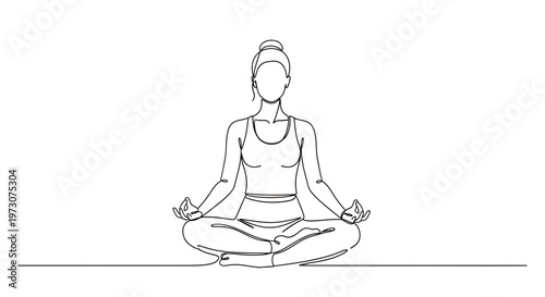 Minimalist line art depicts a person meditating in a lotus pose on a plain background