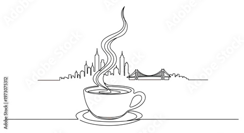 A steaming cup of coffee sits before a minimalist city skyline and bridge