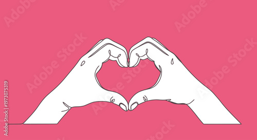 Minimalist white hands form a heart shape against a bright pink background
