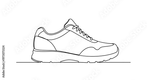 A minimalist, single-line drawing of a sporty sneaker with laces on a white background