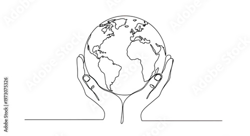 A continuous line drawing of hands holding a globe