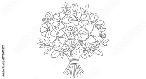 A delicate line drawing of a bouquet of various flowers and leaves tied together