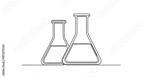 Two outlined laboratory flasks, one taller than the other, sit on a surface