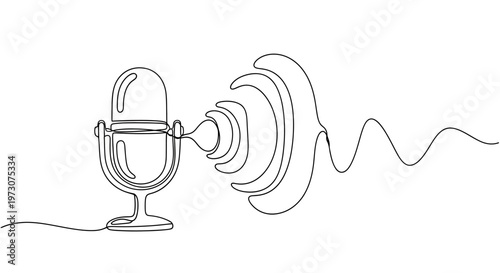 A minimalist black line drawing of a vintage microphone emitting sound waves