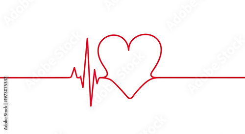 Single red line forms electrocardiogram pulse flowing into a heart shape