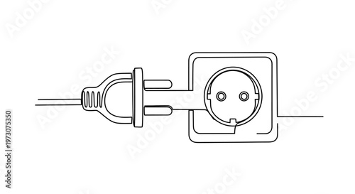 Minimalist line art shows a European-style electrical plug being inserted into a wall socket