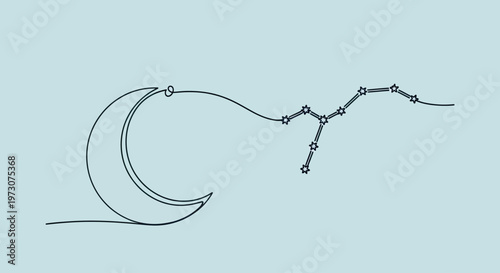 A single line drawing connects a crescent moon to a constellation of stars
