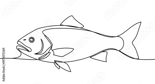 A minimalist line drawing of a fish, with an open mouth and flowing fins
