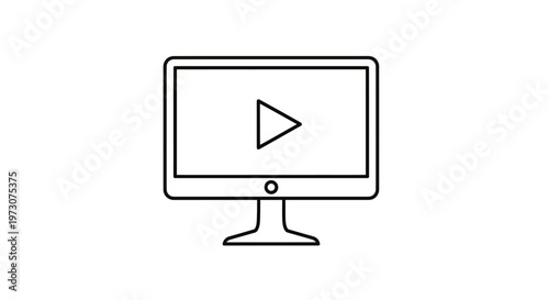A minimalist black and white icon of a computer monitor with a play button