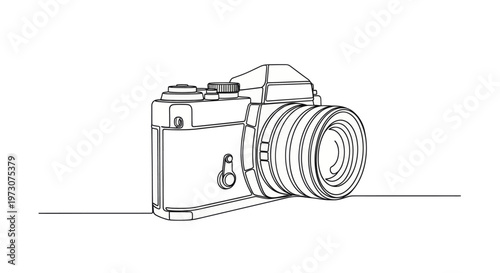 A minimalist line drawing of a vintage camera with a prominent lens