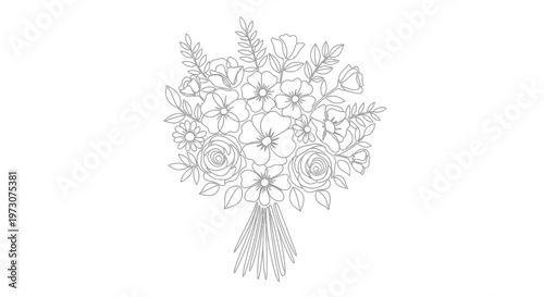Delicate line art bouquet of various flowers and leaves