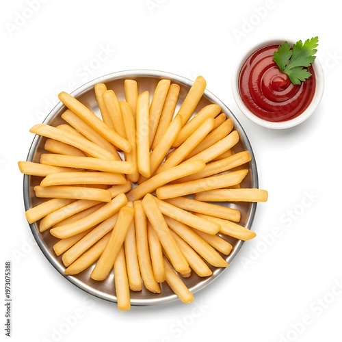 Golden French Fries on Metal Plate with Ketchup