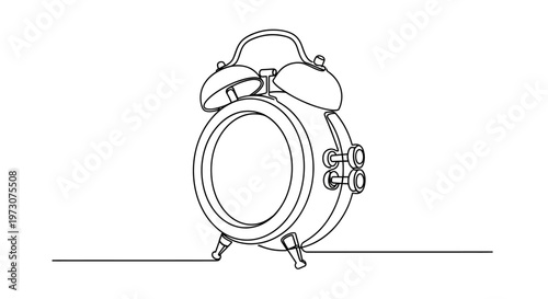 One continuous line drawing of a vintage alarm clock with bells and legs