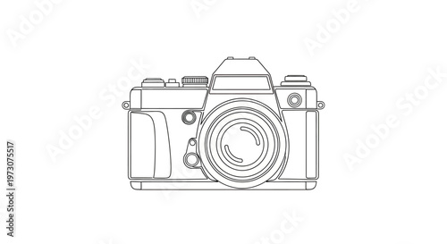 Minimalist line art depicts a classic camera with a prominent lens
