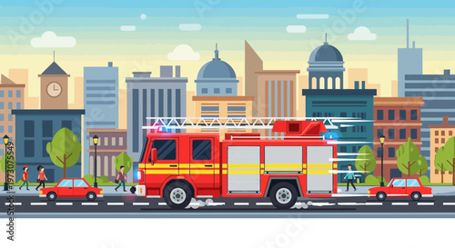 Fire truck emergency response in a stylized city with buildings and people
