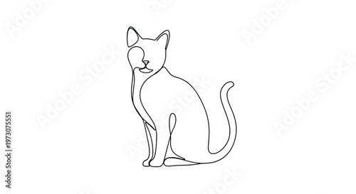 Single line drawing of a sitting cat with its tail curled up
