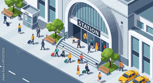 People arriving and departing from a train station with luggage, isometric view