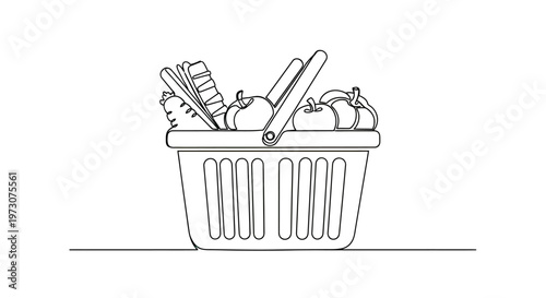Line drawing of a shopping basket filled with fresh fruits and vegetables