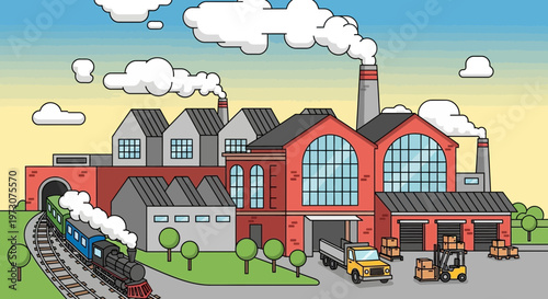 Industrial factory complex with train, trucks, and forklift, emitting smoke.