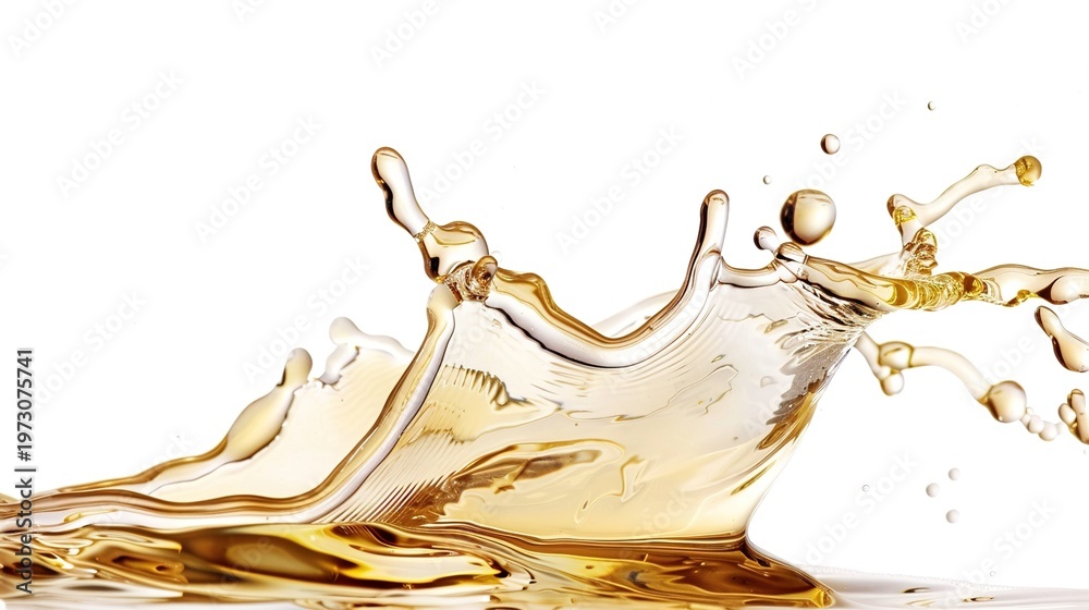 Fototapeta premium Close-up shot of a dynamic splash of oily liquid, fully isolated on a clean white background, highlighting the smooth texture, glossy surface, and transparent fluid movement. The high-definition detai