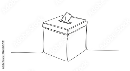 Single line drawing of a voting box with a ballot being inserted