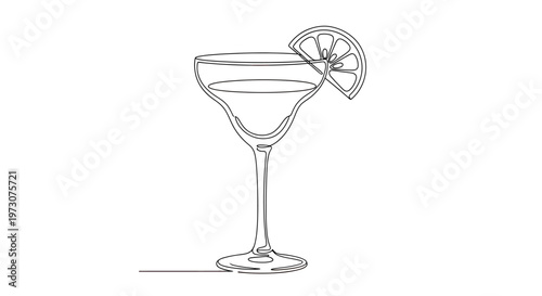 Single continuous line drawing of a margarita cocktail with lime wedge