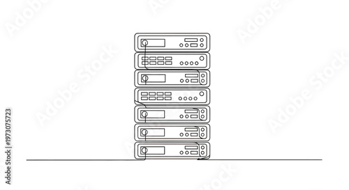 Seven stacked audio or video rack-mount components with displays and buttons