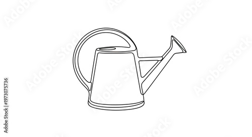 Minimalist line art drawing of a classic watering can with a curved handle and spout