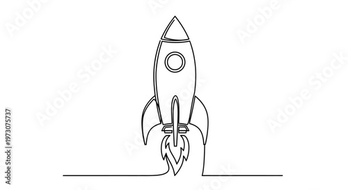 Single-line illustration of a rocket ship ascending with flames from engine