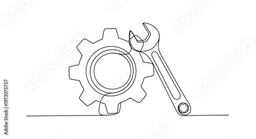 Single line drawing of a gear and a wrench
