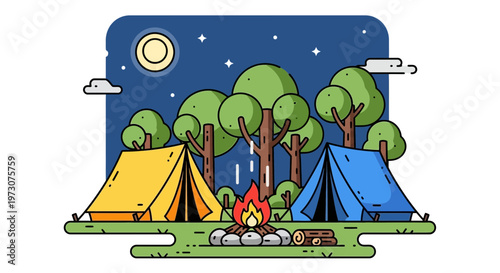 Camping night scene with tents, campfire, moon, and stars in a forest.