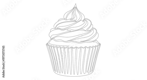 A detailed line drawing of a cupcake with swirled frosting