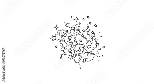 A black and white drawing of abstract wavy lines connecting scattered stars and circles