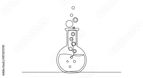Minimalist flask with bubbling liquid and floating spheres