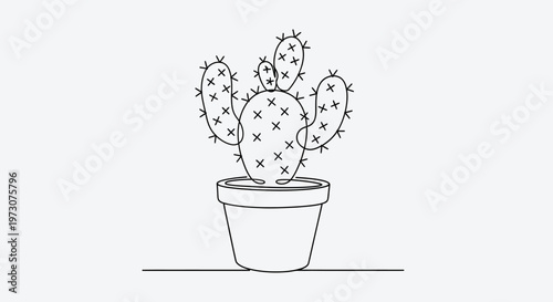 A minimalist line drawing of a potted cactus with cross-shaped spines