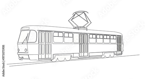 A linear drawing of an old-fashioned tram with a trolley pole on tracks