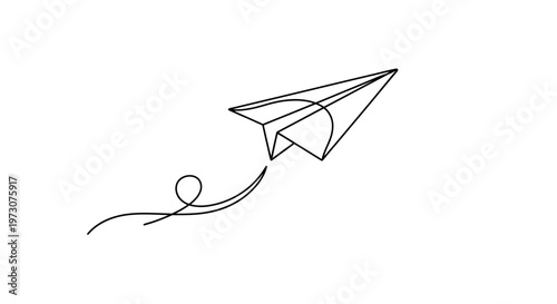 Minimalist black line drawing of a paper airplane in flight with a trailing squiggle