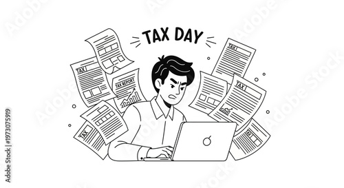 A frustrated man sits with a laptop surrounded by flying tax forms in a monochromatic vector illustration, symbolizing the stress of tax season and the looming tax payment deadline, set