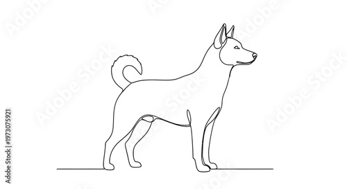 Single line drawing of a dog standing sideways, looking right