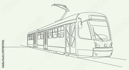 Minimalist line drawing of a modern tram with passengers visible through windows