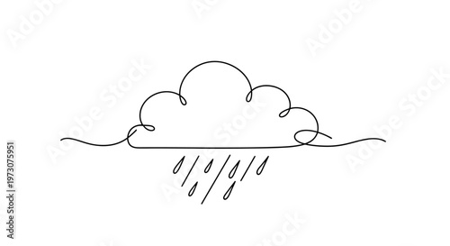 Minimalist black line drawing of a rain cloud with falling raindrops