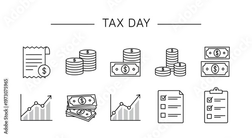 Monochrome line art style vector showcasing a tax filing day concept with stacks of coins, dollar bills, financial paperwork, and upward trending graphs against a clean white background