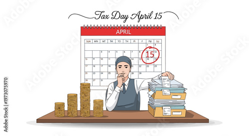A cartoon man contemplates financial paperwork near a stack of documents with a calendar marked for April 15, representing tax day, set against a clean white background, conveying a serious