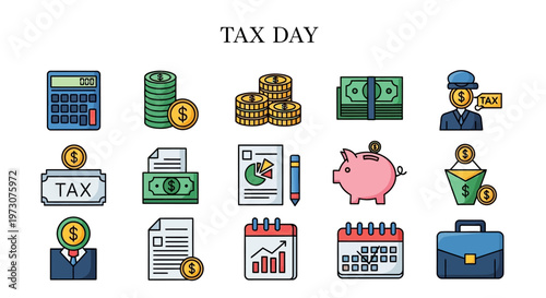 A vibrant flat lay vector illustration shows icons representing the financial tax concept, including a calculator, coins, money, tax documents, a piggy bank, and calendars, all set