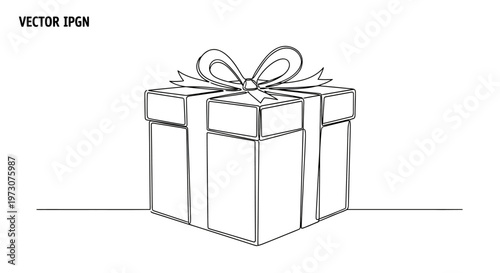 A minimalist black and white line drawing of a square gift box with a bow